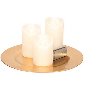 Merkloos Ronde kaarsenplateau goud van kunststof D33 cm met 3 zilveren LED-kaarsen 10/12,5/15 cm -