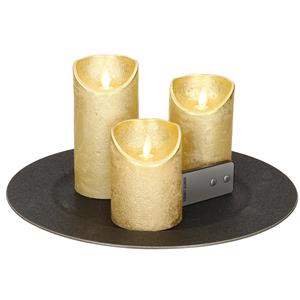 Merkloos Ronde kaarsenplateau zwart van kunststof D33 cm met 3 gouden LED-kaarsen 10/12,5/15 cm -
