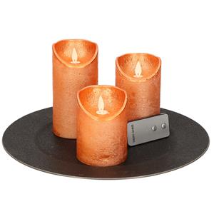 Merkloos Ronde kaarsenplateau zwart van kunststof D33 cm met 3 koperen LED-kaarsen 10/12,5/15 cm -