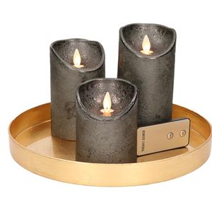 Merkloos Ronde kaarsenplateau goud van kunststof D27 cm met 3 antraciet grijze LED-kaarsen 10/12,5/15 cm -