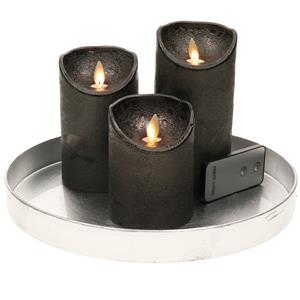 Merkloos Ronde kaarsenplateau zilver van kunststof D27 cm met 3 antraciet grijze LED-kaarsen 10/12,5/15 cm -