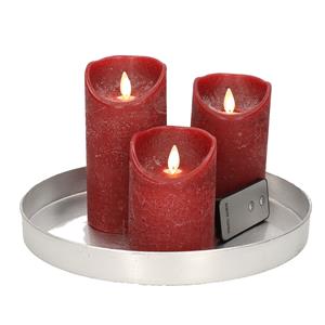 Merkloos Ronde kaarsenplateau zilver van kunststof D27 cm met 3 bordeaux rode LED-kaarsen 10/12,5/15 cm -