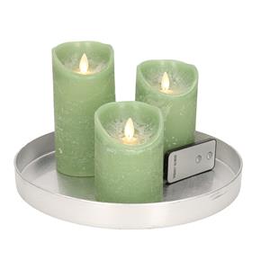 Merkloos Ronde kaarsenplateau zilver van kunststof D27 cm met 3 groene LED-kaarsen 10/12,5/15 cm -