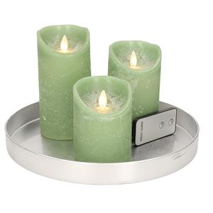 Merkloos Ronde kaarsenplateau zilver van kunststof D27 cm met 3 jade groene LED-kaarsen 10/12,5/15 cm -
