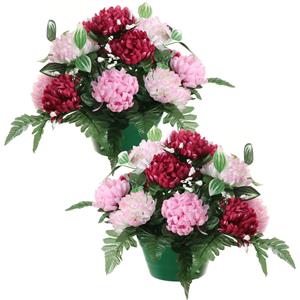 Louis Maes Kunstbloemen plantje crysanten in pot - 2x - cerise/roze - D30 x H24 cm - Bloemstuk - Bladgroen -