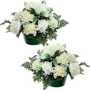 Louis Maes Kunstbloemen plantje crysanten in pot - 2x - kleuren creme/wit - D30 x H24 cm - Bloemstuk - Bladgroe -