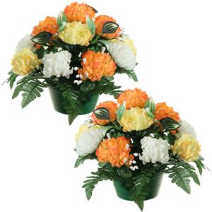 Louis Maes Kunstbloemen plantje crysanten in pot - 2x - oranje/geel - D30 x H24 cm - Bloemstuk - Bladgroen -