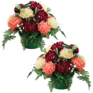 Louis Maes Kunstbloemen plantje crysanten in pot - 2x - zalm/rood/creme - D30 x H24 cm - Bloemstuk - Bladgroen -