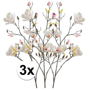 Bellatio flowers & plants Kunstbloem Magnolia tak - 3x - 105 cm - creme wit/roze - Kunst zijdebloemen -