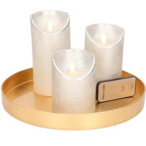 Merkloos Ronde kaarsenplateau goud van kunststof D27 cm met 3 zilveren LED-kaarsen 10/12,5/15 cm -