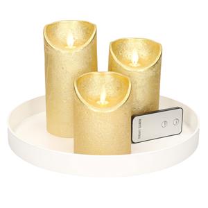 Merkloos Ronde kaarsenplateau wit van kunststof D27 cm met 3 gouden LED-kaarsen 10/12,5/15 cm -