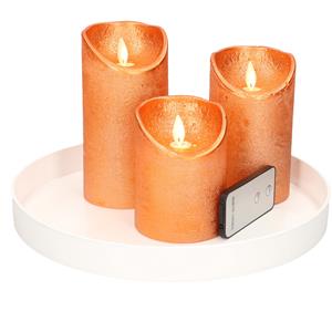 Merkloos Ronde kaarsenplateau wit van kunststof D27 cm met 3 koperen LED-kaarsen 10/12,5/15 cm -
