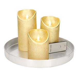 Merkloos Ronde kaarsenplateau zilver van kunststof D27 cm met 3 gouden LED-kaarsen 10/12,5/15 cm -