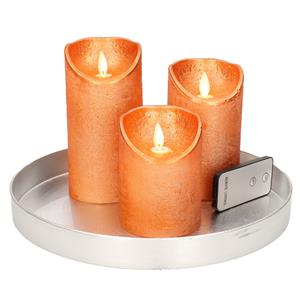 Merkloos Ronde kaarsenplateau zilver van kunststof D27 cm met 3 koperen LED-kaarsen 10/12,5/15 cm -