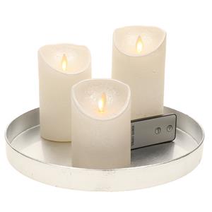 Merkloos Ronde kaarsenplateau zilver van kunststof D27 cm met 3 parel witte LED-kaarsen 10/12,5/15 cm -
