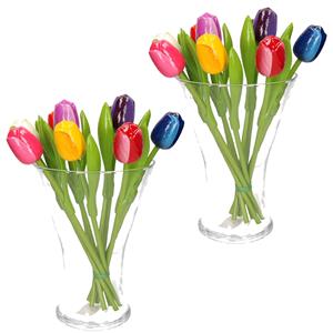 Merkloos 2x Set van bos houten tulpen boeket cm in glazen vaas 25 cm -