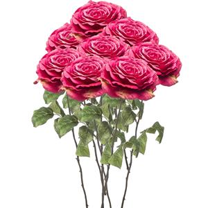 Emerald Kunstbloemen boeket Roos Laurie - 8x - 57 cm - fuchsia - Kunst zijdebloemen -