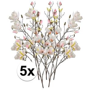 Bellatio flowers & plants Kunstbloem Magnolia tak - 5x - 105 cm - creme wit/roze - Kunst zijdebloemen -