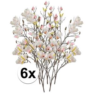 Bellatio flowers & plants Kunstbloem Magnolia tak - 6x - 105 cm - creme wit/roze - Kunst zijdebloemen -