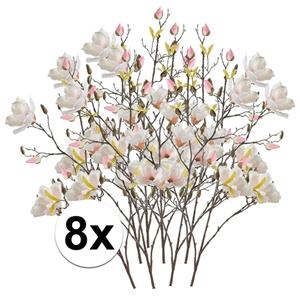 Bellatio flowers & plants Kunstbloem Magnolia tak - 8x - 105 cm - creme wit/roze - Kunst zijdebloemen -