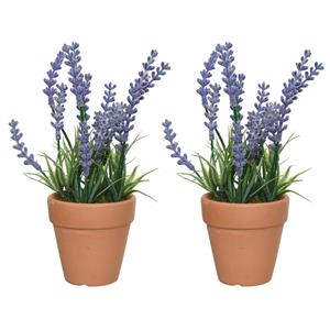 Everlands 2x lavendel kunstplant in terracotta pot - lila paars - D6 x H18 cm -