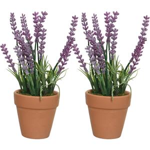 Everlands 2x lavendel kunstplant in terracotta pot - paars - D6 x H18 cm -