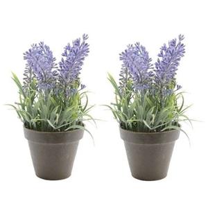 Bellatio flowers & plants Bellatio Kunstplant - 2x stuks - lavendel - paars - 17 cm - in pot - lavandula -