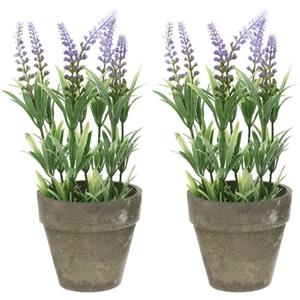 Bellatio flowers & plants 2x Groene/lilapaarse Lavandula/lavendel kunstplanten 25 cm in po -