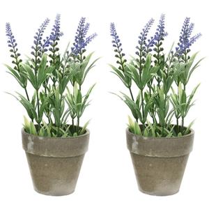 Bellatio flowers & plants 2x Groene/paarse Lavandula/lavendel kunstplant 25 cm in betonpot -