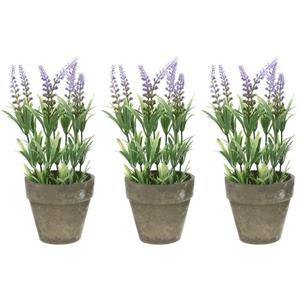 Bellatio flowers & plants 3x Groene/lilapaarse Lavandula/lavendel kunstplanten 25 cm in po -