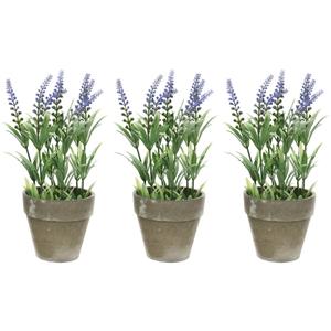 Bellatio flowers & plants 3x Groene/paarse Lavandula/lavendel kunstplant 25 cm in betonpot -