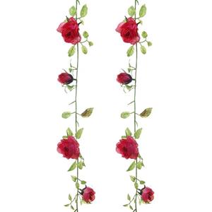 Louis Maes kunstplant bloemenslinger Rozen - 2x - rood/groen - 225 cm - kunstbloemen -