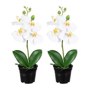 Louis Maes Orchidee bloemen kunstplant op plug - 2x - bloemen/bloemetjes - wit/groen - H33 cm -