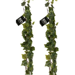 Bellatio Design kunstplant/hangplant slinger - 2x - Klimop/hedera - groen - 180 cm -