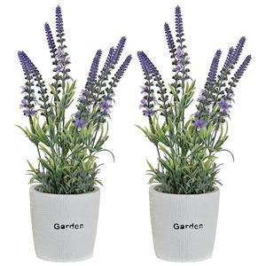 Items Lavendel bloemen kunstplant in bloempot - 2x - paarse bloemen - 10 x cm -