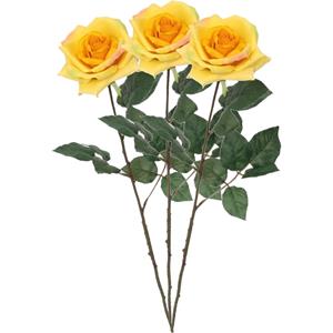 Mica Decorations Kunstbloem roos Emily - 3x - geel - 66 cm - kunststof steel - decoratie bloemen -