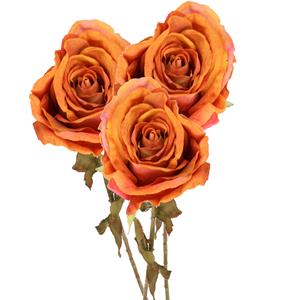 TopArt Kunstbloem roos Calista - 3x - oranje - 66 cm - kunststof steel - decoratie bloemen -