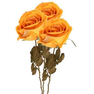 TopArt Kunstbloem roos Calista - 3x - perzik oranje - 66 cm - kunststof steel - decoratie bloemen -