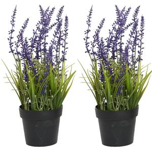 Everlands Lavendel - 2x stuks - kunstplant in pot - violet paars - D15 x H30 cm -