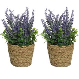 Everlands 2x lavendel kunstplant in gevlochten plantenmand - paars - D12 x H26 cm -