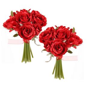 TopArt Boeketje kunstbloemen - 2x - rozen - rood - 20 cm -
