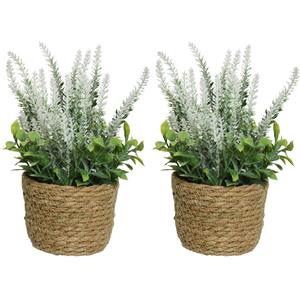Everlands 2x lavendel kunstplant in gevlochten plantenmand - wit - D12 x H26 cm -