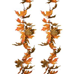 Louis Maes kunstplant blaadjes slinger/guirlande Esdoorn - 2x - groen/wit - 180 cm - herfst tafereel -