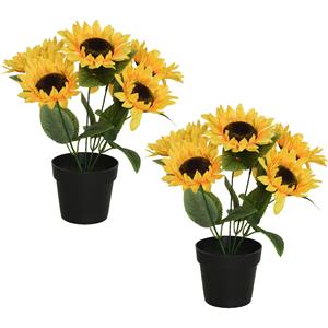 Everlands 2x stuks kunst zonnebloemen in pot - kunststof - 25 x 25 x 28 - geel -