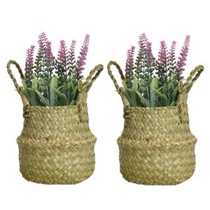 Everlands Lavendel kunstplant in rieten mand - 2x - lichtroze - D16 x H27 cm -