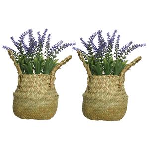 Everlands Lavendel kunstplant in rieten mand - 2x - lila paars - D16 x H27 cm -