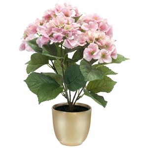 Merkloos Hortensia kunstplant/kunstbloemen cm - roze - in pot goud mat -