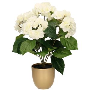 Merkloos Hortensia kunstplant/kunstbloemen cm - wit - in pot goud mat -