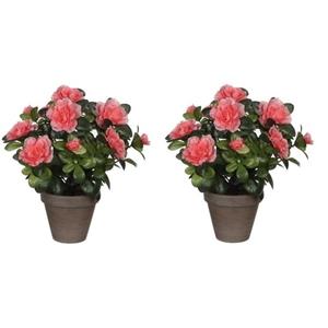 Mica Decorations Kunstplant - 2x - Azalea - groen/perzik kleurig - 27 cm - Met mooie bloemen -