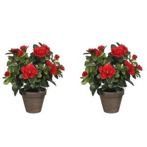 Mica Decorations Kunstplant - 2x - Azalea - groen/rood - 27 cm - Met mooie bloemen -